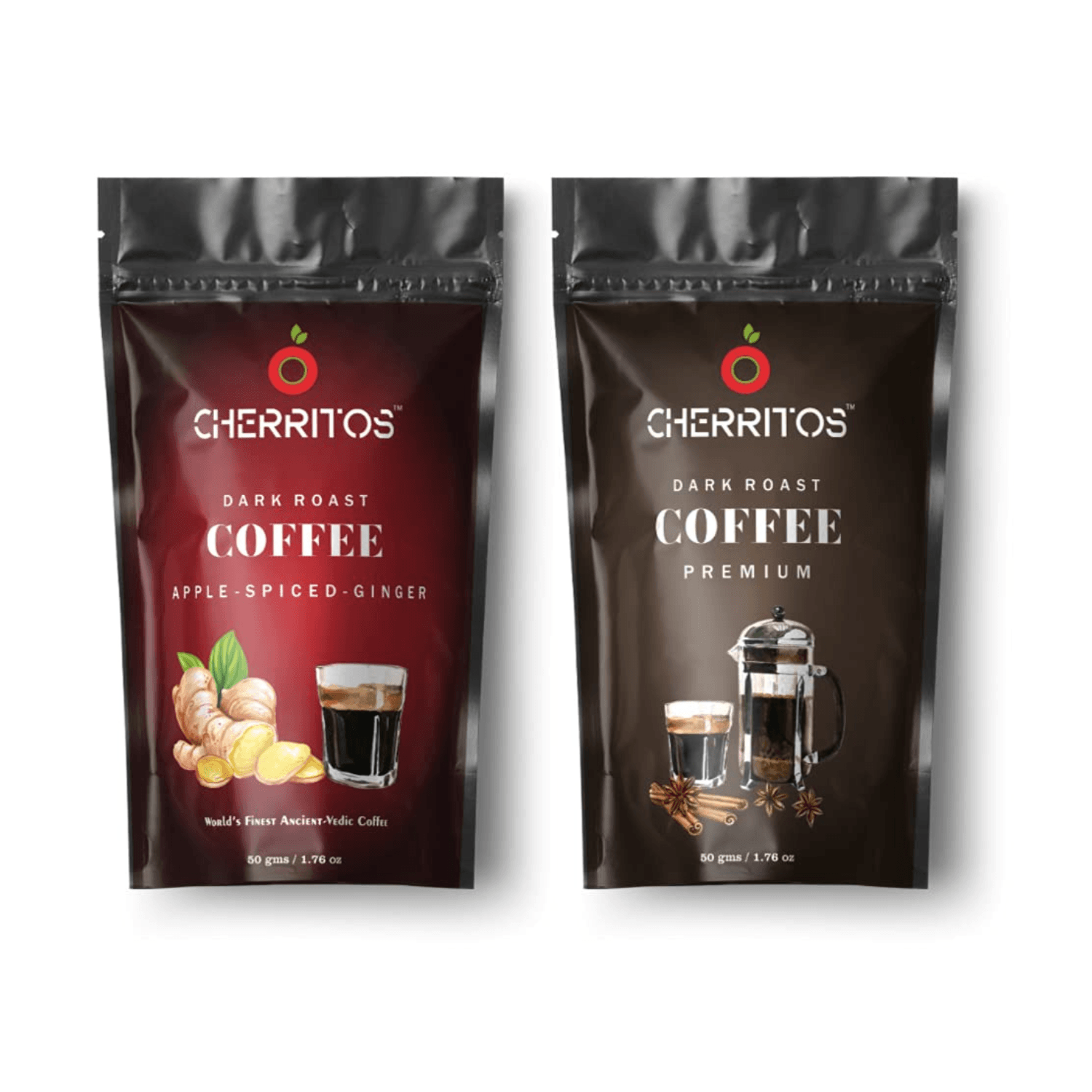 CHERRITOS Dark Roast Coffee, Apple Spiced Ginger Coffee 50 Gms Each (Combo Pack)